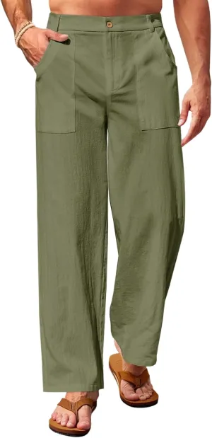 Runcati Mens Casual Cotton Pants Loose Fit Lightweight Elastic Waist Pants Baggy Wide Leg Summer Beach Yoga Linen Trousers