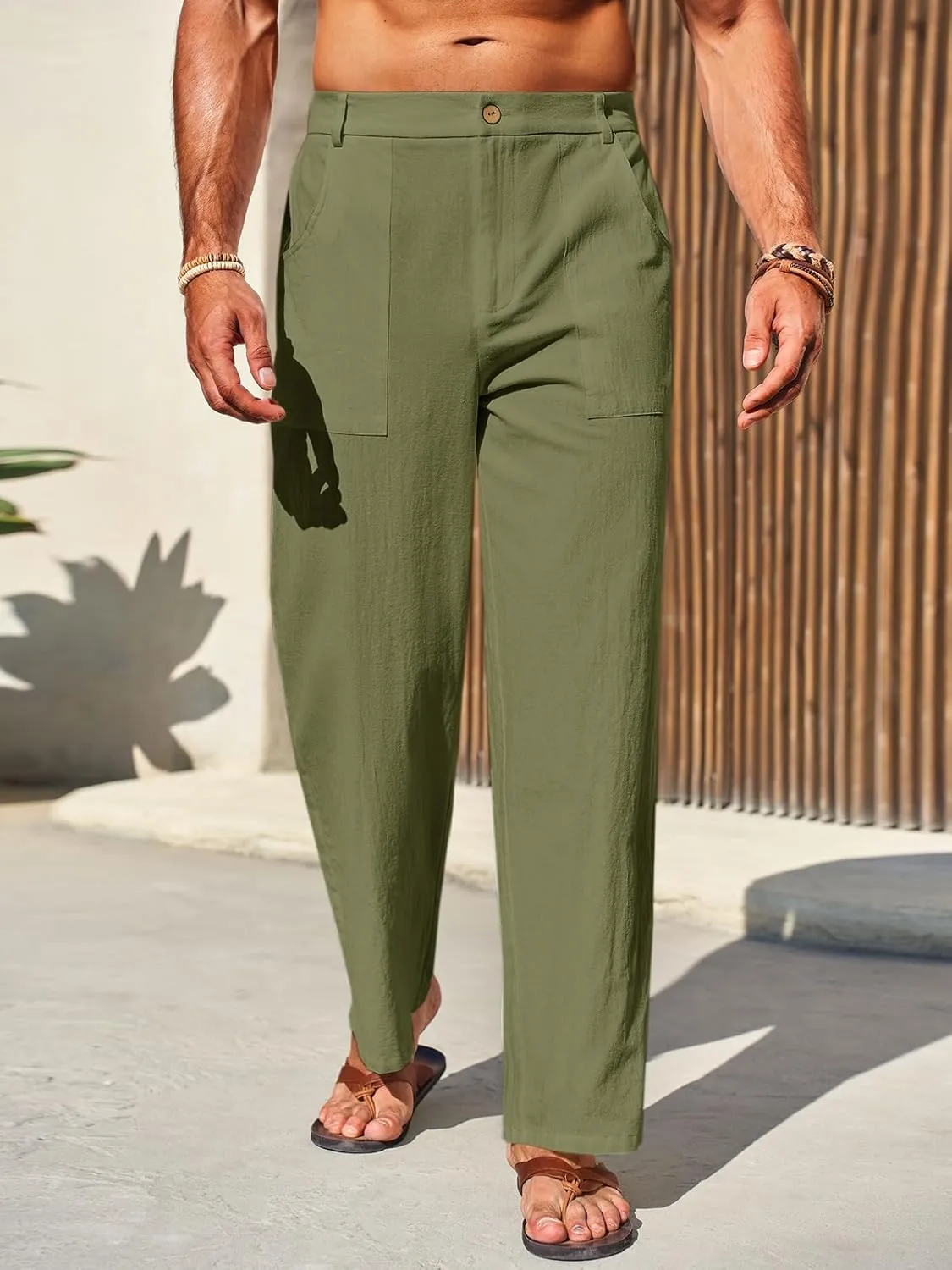Runcati Mens Casual Cotton Pants Loose Fit Lightweight Elastic Waist Pants Baggy Wide Leg Summer Beach Yoga Linen Trousers