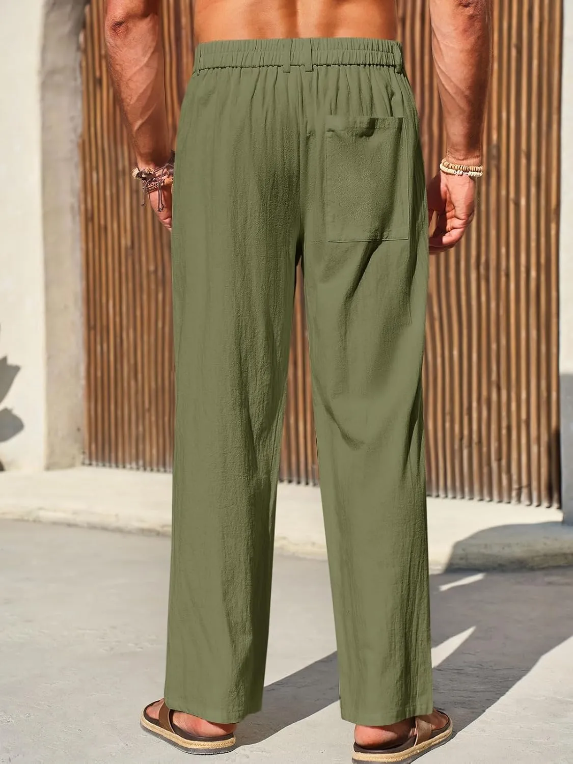 Runcati Mens Casual Cotton Pants Loose Fit Lightweight Elastic Waist Pants Baggy Wide Leg Summer Beach Yoga Linen Trousers