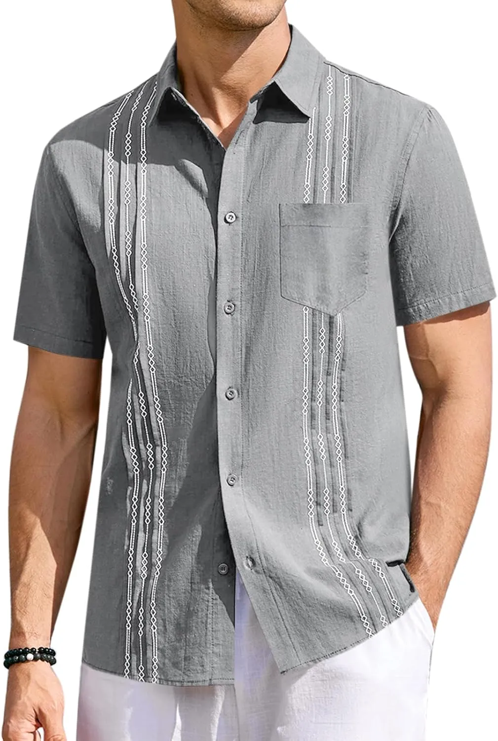 Runcati Mens Linen Shirt Guayabera Cuban Short Sleeve Button Down Summer Beach Hippie Shirts