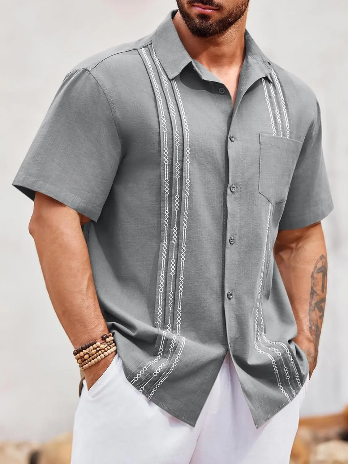 Runcati Mens Linen Shirt Guayabera Cuban Short Sleeve Button Down Summer Beach Hippie Shirts