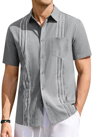 Runcati Mens Linen Shirt Guayabera Cuban Short Sleeve Button Down Summer Beach Hippie Shirts