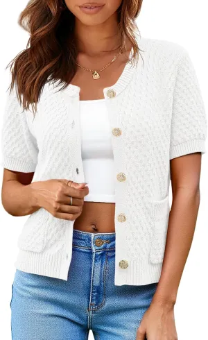 Saodimallsu Womens Short Sleeve Cardigan Summer Casual Crew Neck Button Down Lightweight Knit Sweater Tops with Pockets