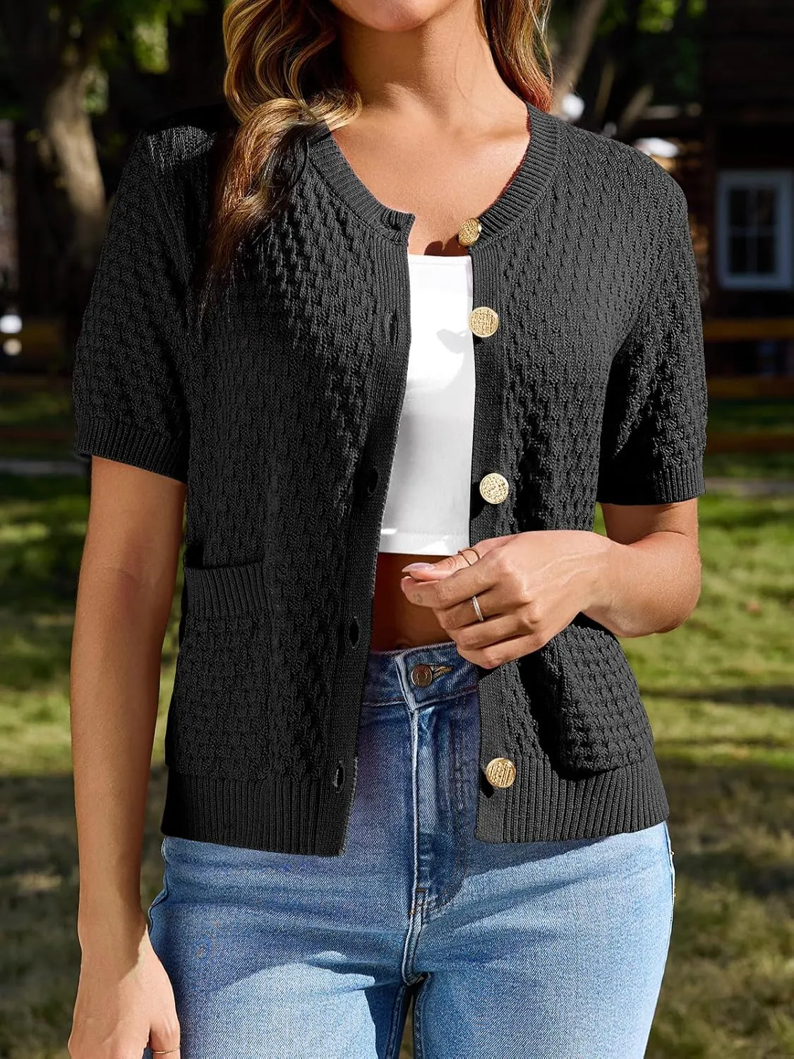 Saodimallsu Womens Short Sleeve Cardigan Summer Casual Crew Neck Button Down Lightweight Knit Sweater Tops with Pockets
