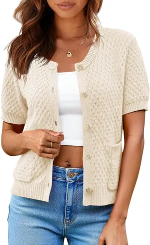Saodimallsu Womens Short Sleeve Cardigan Summer Casual Crew Neck Button Down Lightweight Knit Sweater Tops with Pockets