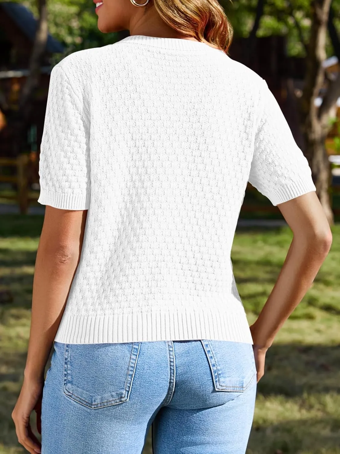 Saodimallsu Womens Short Sleeve Cardigan Summer Casual Crew Neck Button Down Lightweight Knit Sweater Tops with Pockets