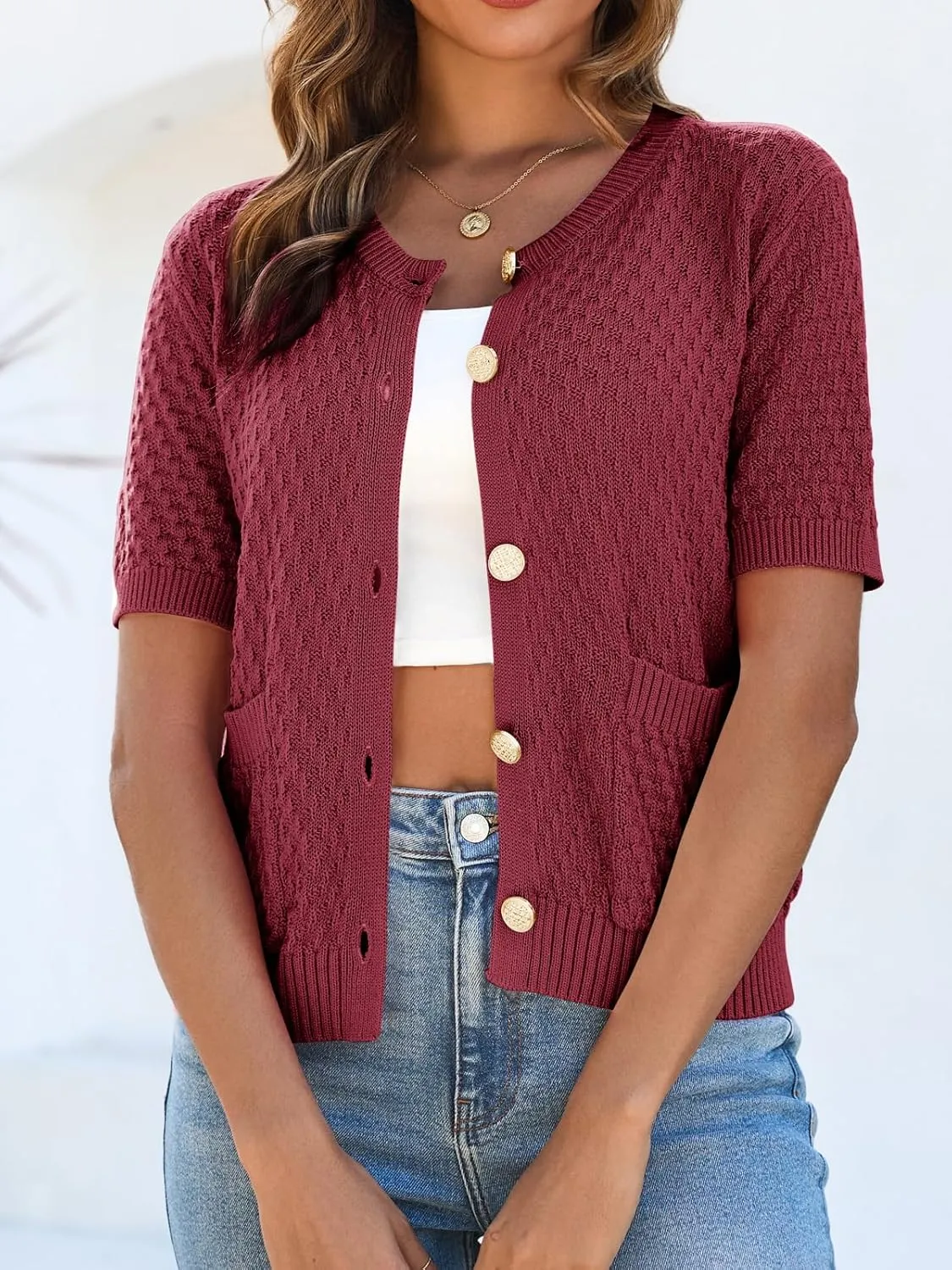 Saodimallsu Womens Short Sleeve Cardigan Summer Casual Crew Neck Button Down Lightweight Knit Sweater Tops with Pockets