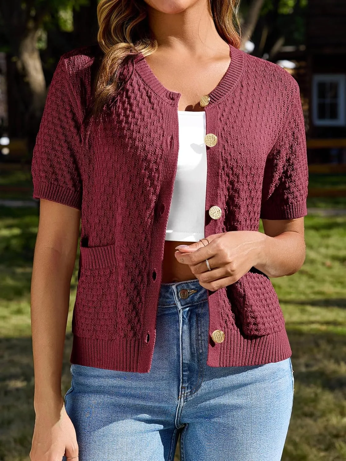Saodimallsu Womens Short Sleeve Cardigan Summer Casual Crew Neck Button Down Lightweight Knit Sweater Tops with Pockets