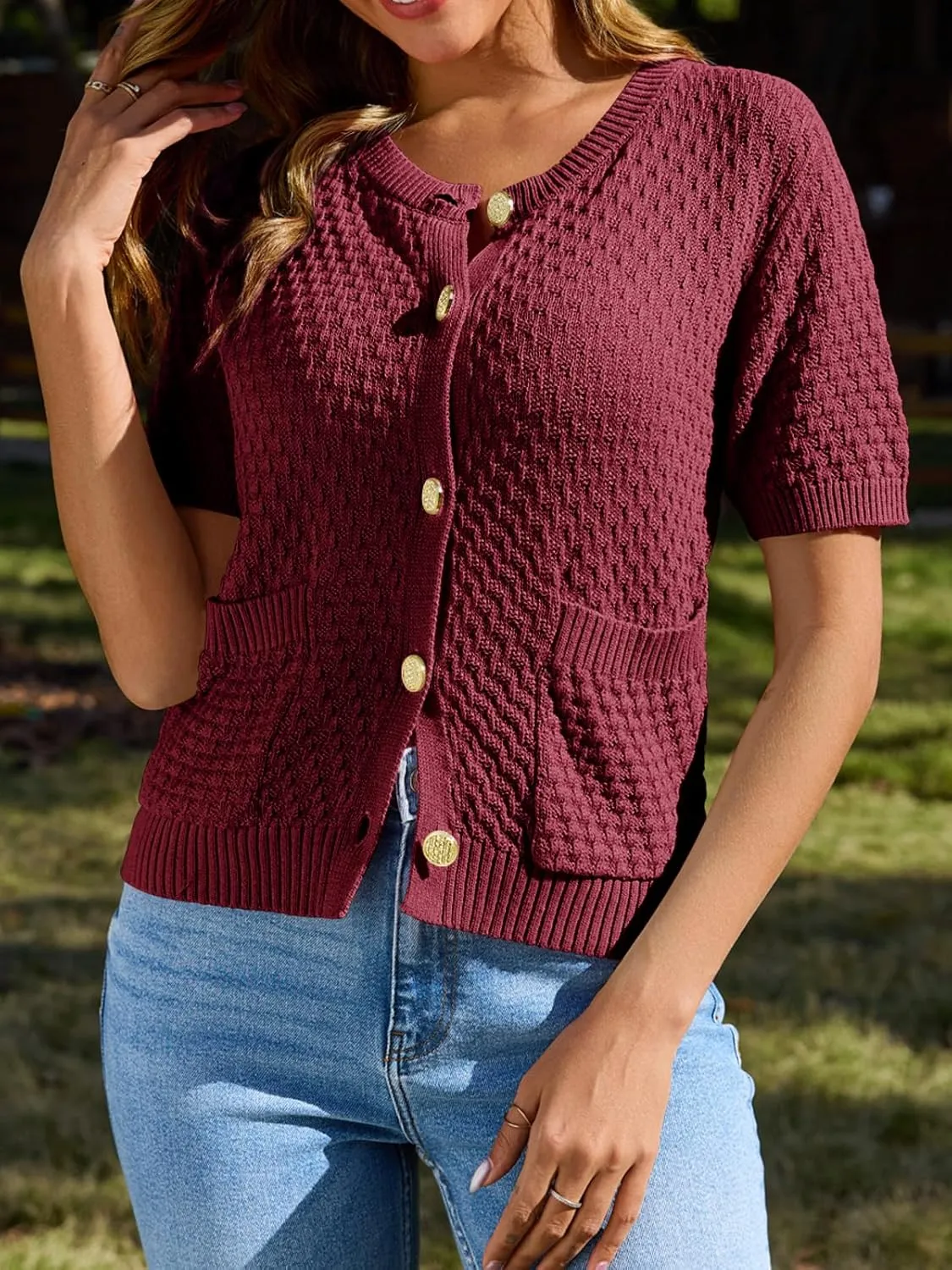 Saodimallsu Womens Short Sleeve Cardigan Summer Casual Crew Neck Button Down Lightweight Knit Sweater Tops with Pockets