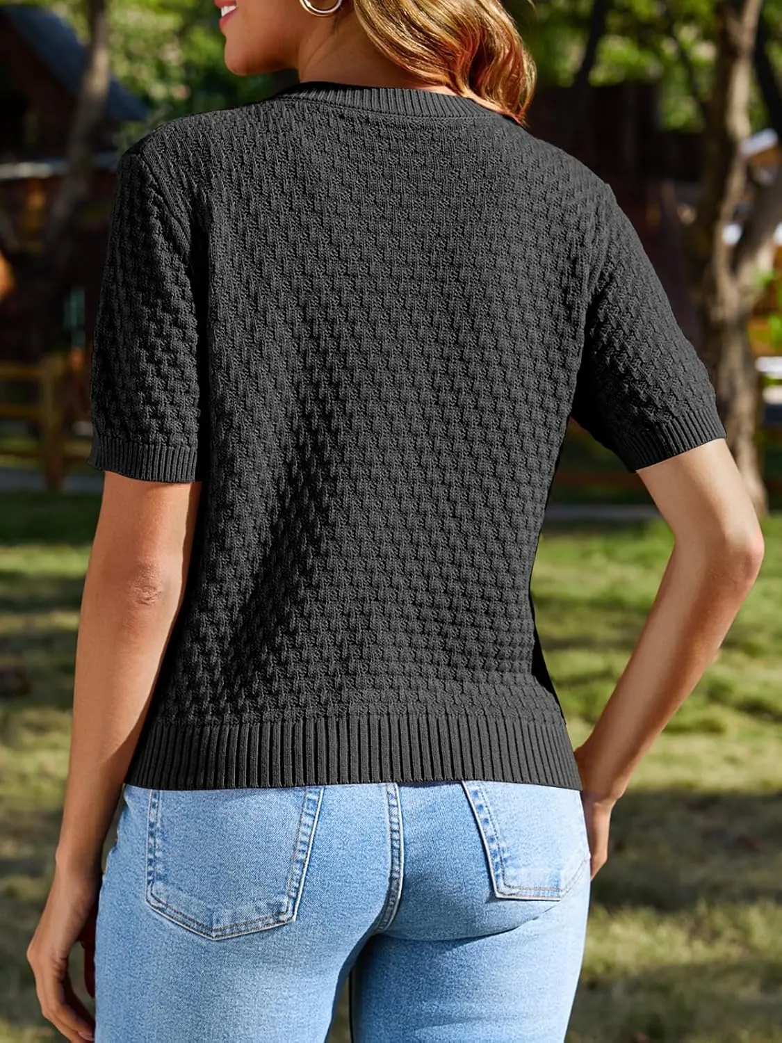 Saodimallsu Womens Short Sleeve Cardigan Summer Casual Crew Neck Button Down Lightweight Knit Sweater Tops with Pockets