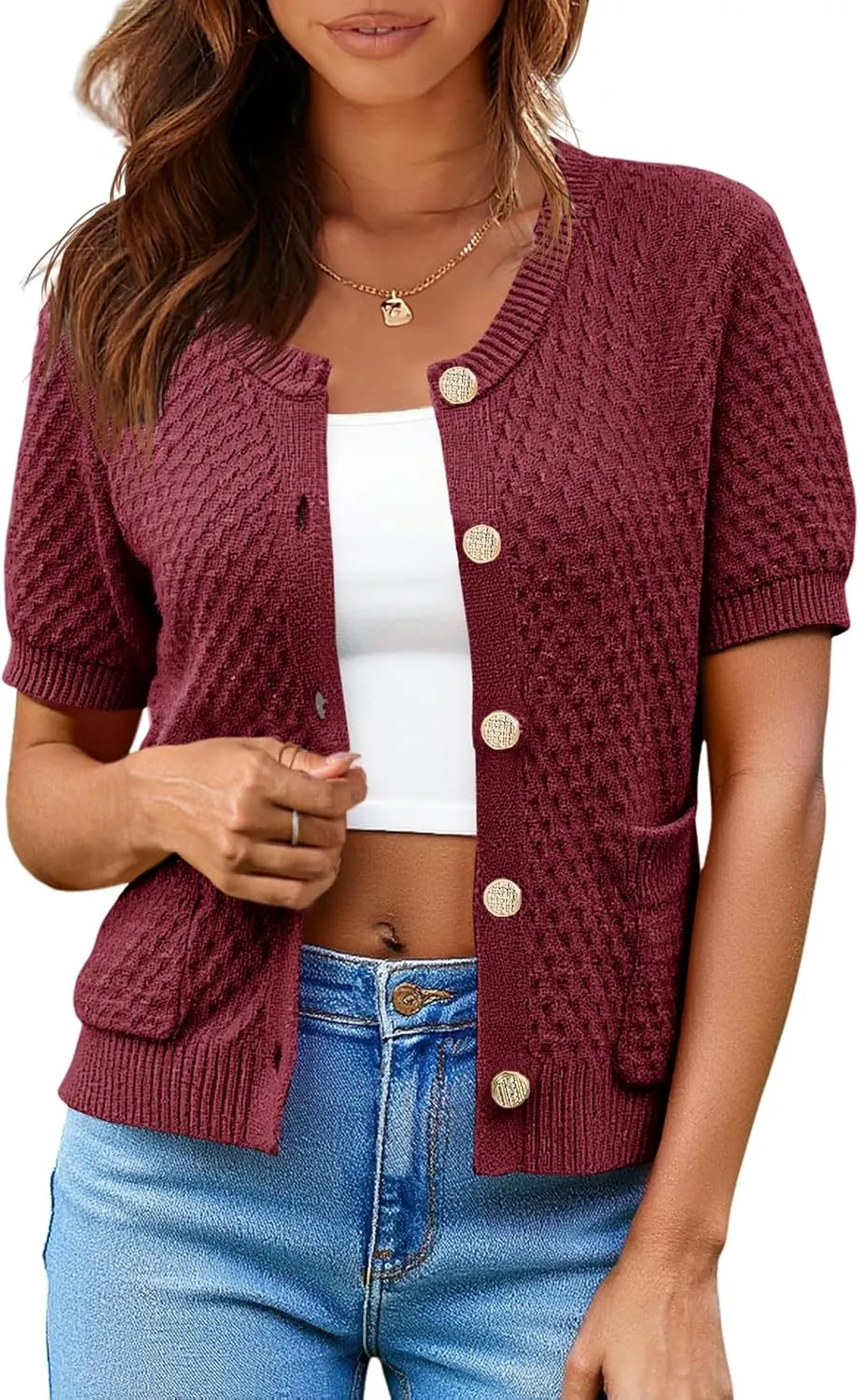 Saodimallsu Womens Short Sleeve Cardigan Summer Casual Crew Neck Button Down Lightweight Knit Sweater Tops with Pockets