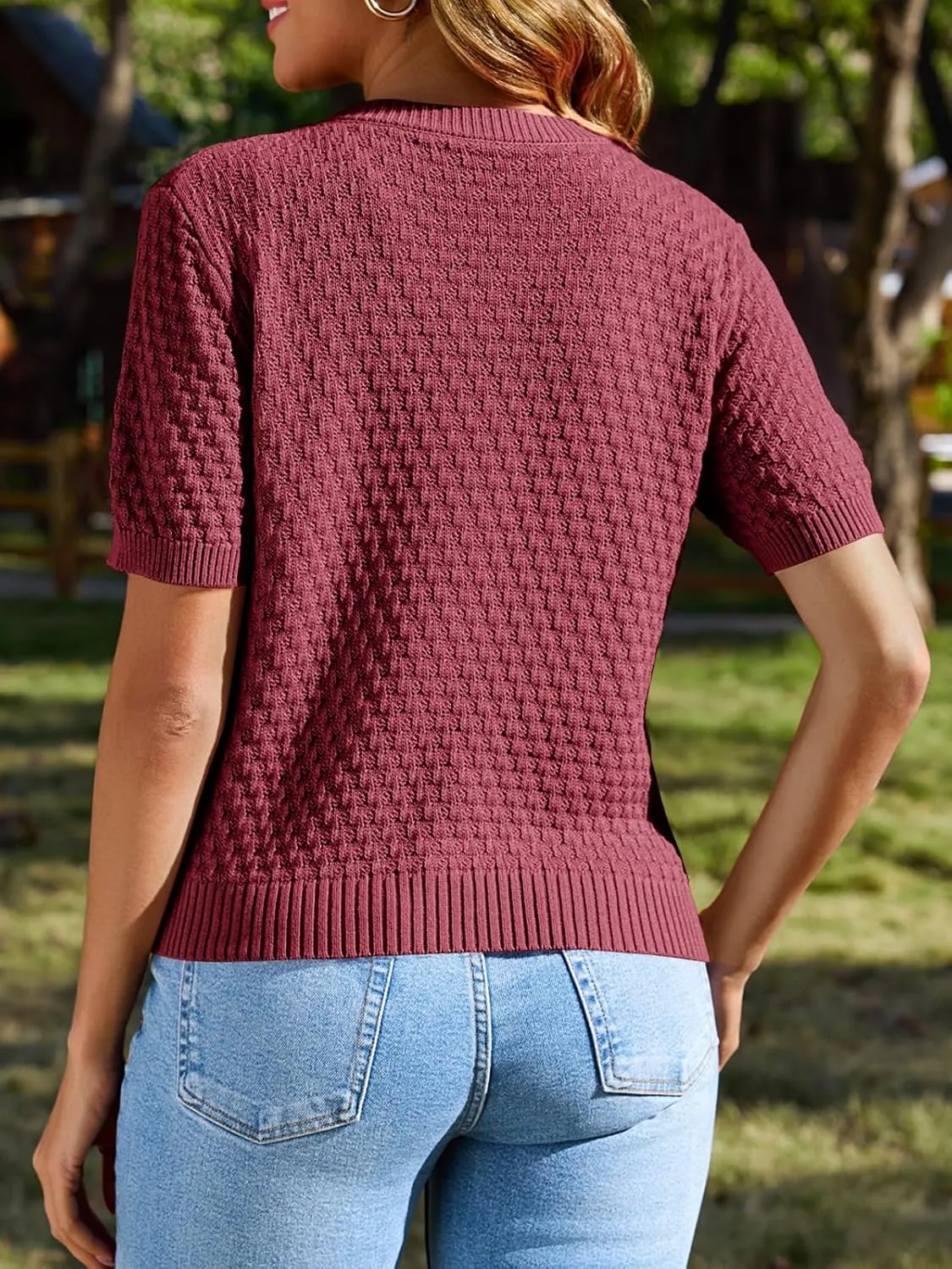 Saodimallsu Womens Short Sleeve Cardigan Summer Casual Crew Neck Button Down Lightweight Knit Sweater Tops with Pockets
