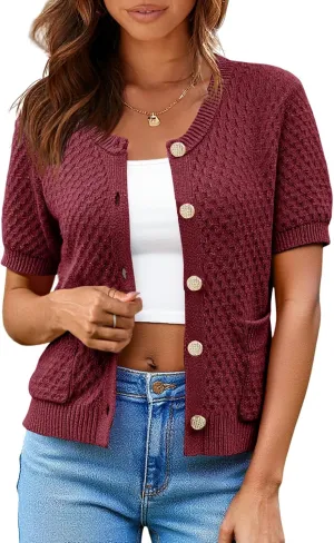 Saodimallsu Womens Short Sleeve Cardigan Summer Casual Crew Neck Button Down Lightweight Knit Sweater Tops with Pockets
