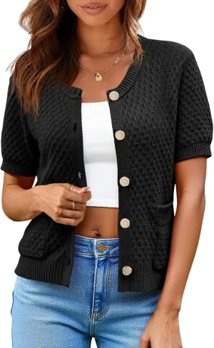 Saodimallsu Womens Short Sleeve Cardigan Summer Casual Crew Neck Button Down Lightweight Knit Sweater Tops with Pockets