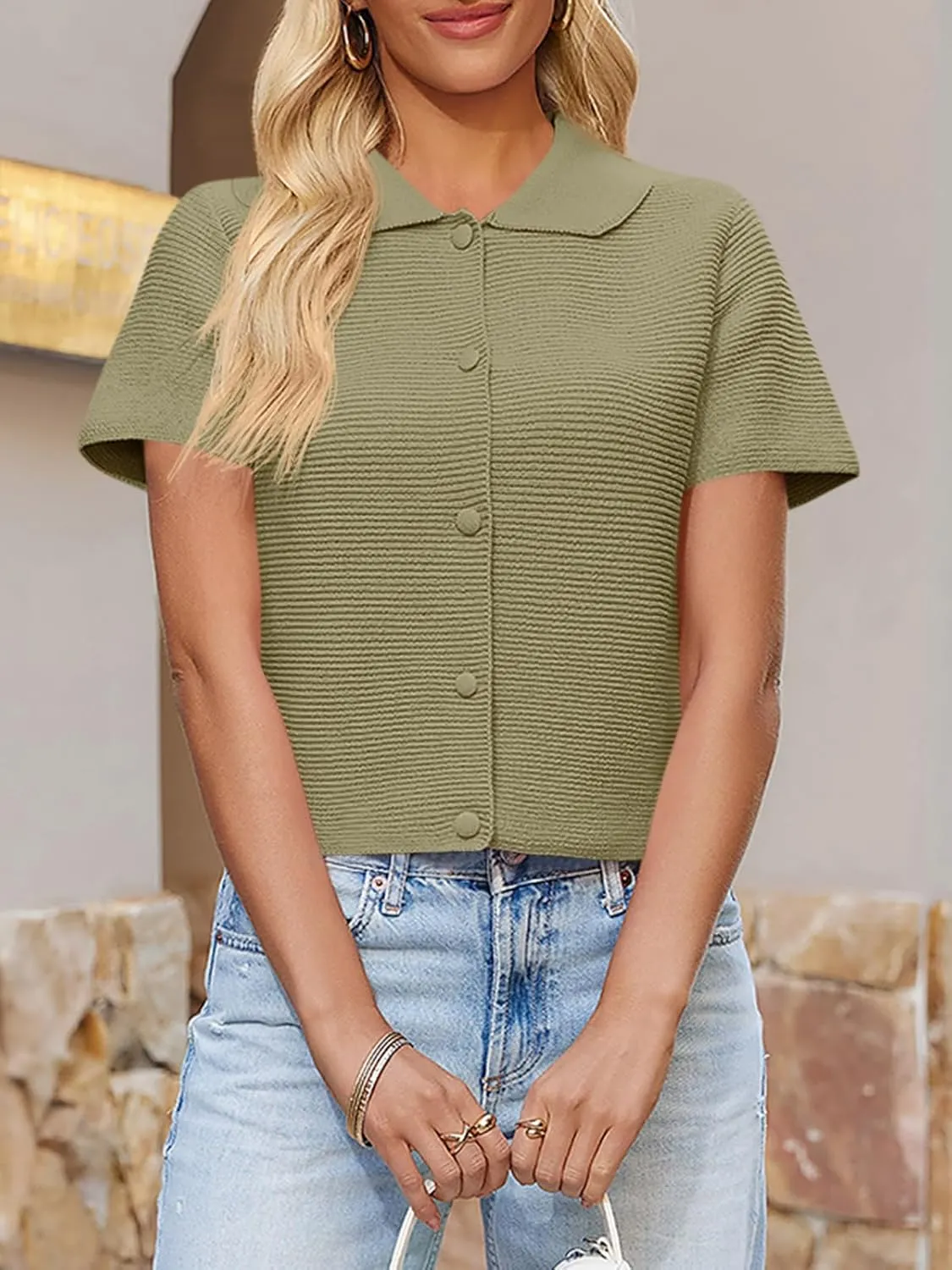 Saodimallsu Womens Short Sleeve Cropped Cardigans Casual Summer Button Down Collared Lightweight Loose Knit Sweater Top