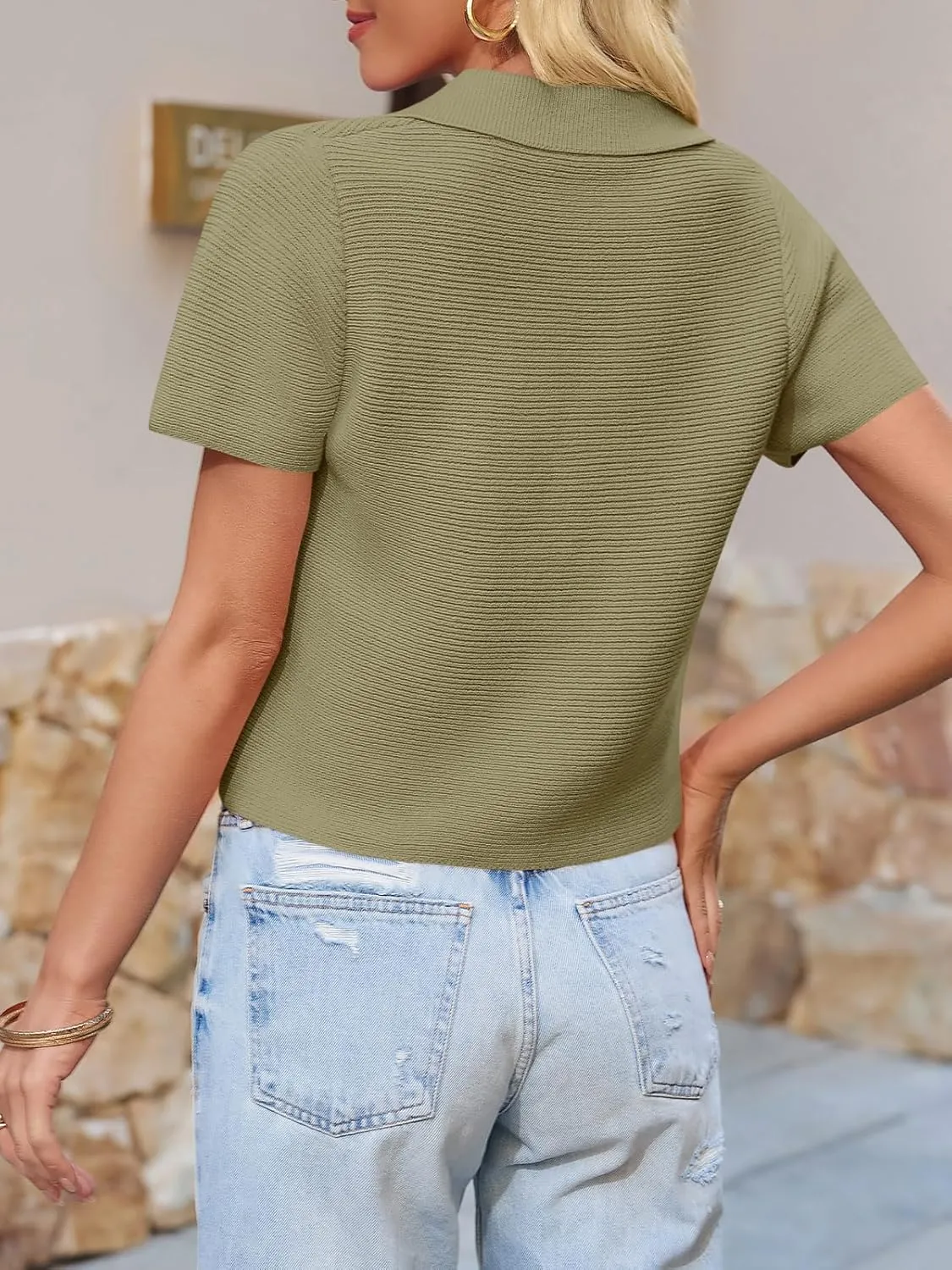 Saodimallsu Womens Short Sleeve Cropped Cardigans Casual Summer Button Down Collared Lightweight Loose Knit Sweater Top