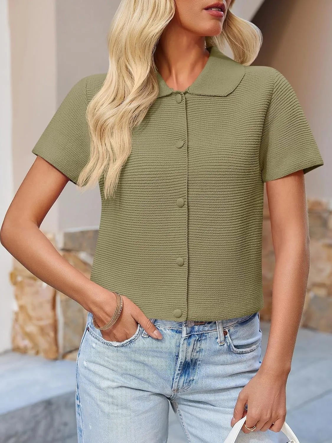 Saodimallsu Womens Short Sleeve Cropped Cardigans Casual Summer Button Down Collared Lightweight Loose Knit Sweater Top
