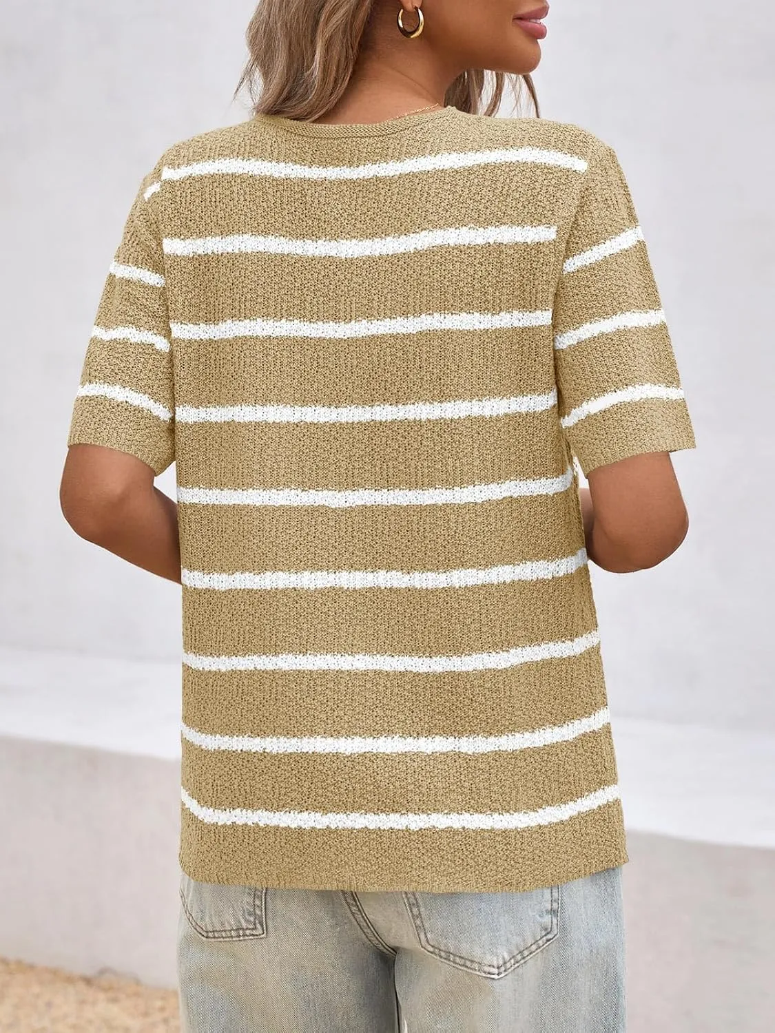 Saodimallsu Womens Summer Short Sleeve Sweater Tops Striped V Neck T Shirts Casual Loose Fit 2025 Trendy Knit Top