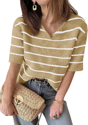 Saodimallsu Womens Summer Short Sleeve Sweater Tops Striped V Neck T Shirts Casual Loose Fit 2025 Trendy Knit Top