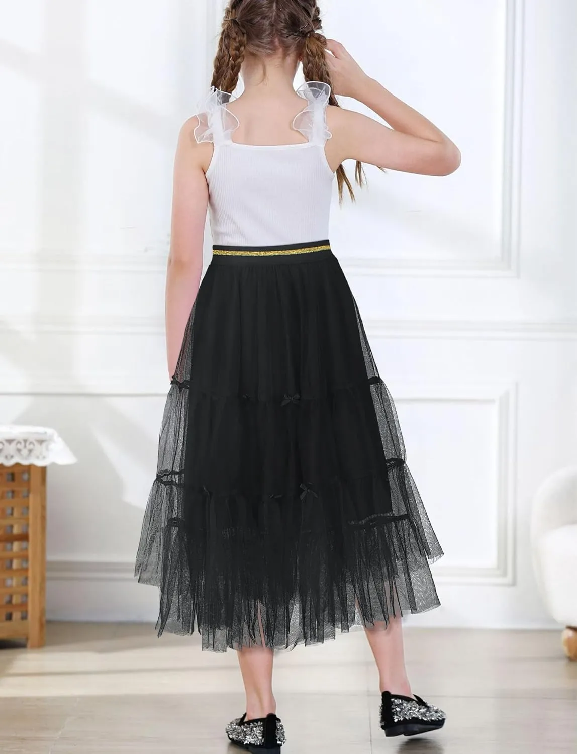 SEAUR Girls' Tulle A-line Mesh Long Tutu Skirts Casual Elastic High Waist Layered Skirt Party Princess Skirt