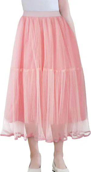 SEAUR Girls' Tulle A-line Mesh Long Tutu Skirts Casual Elastic High Waist Layered Skirt Party Princess Skirt