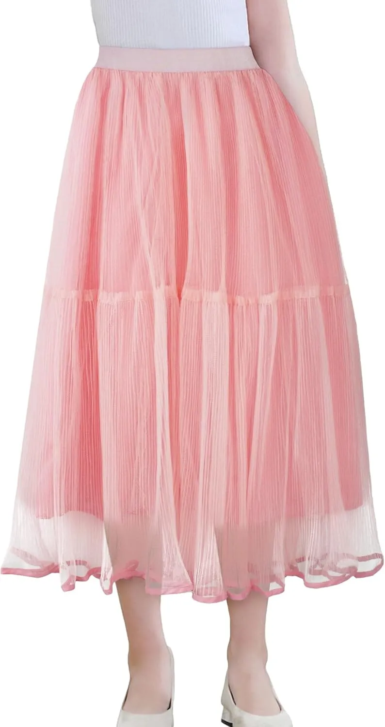 SEAUR Girls' Tulle A-line Mesh Long Tutu Skirts Casual Elastic High Waist Layered Skirt Party Princess Skirt