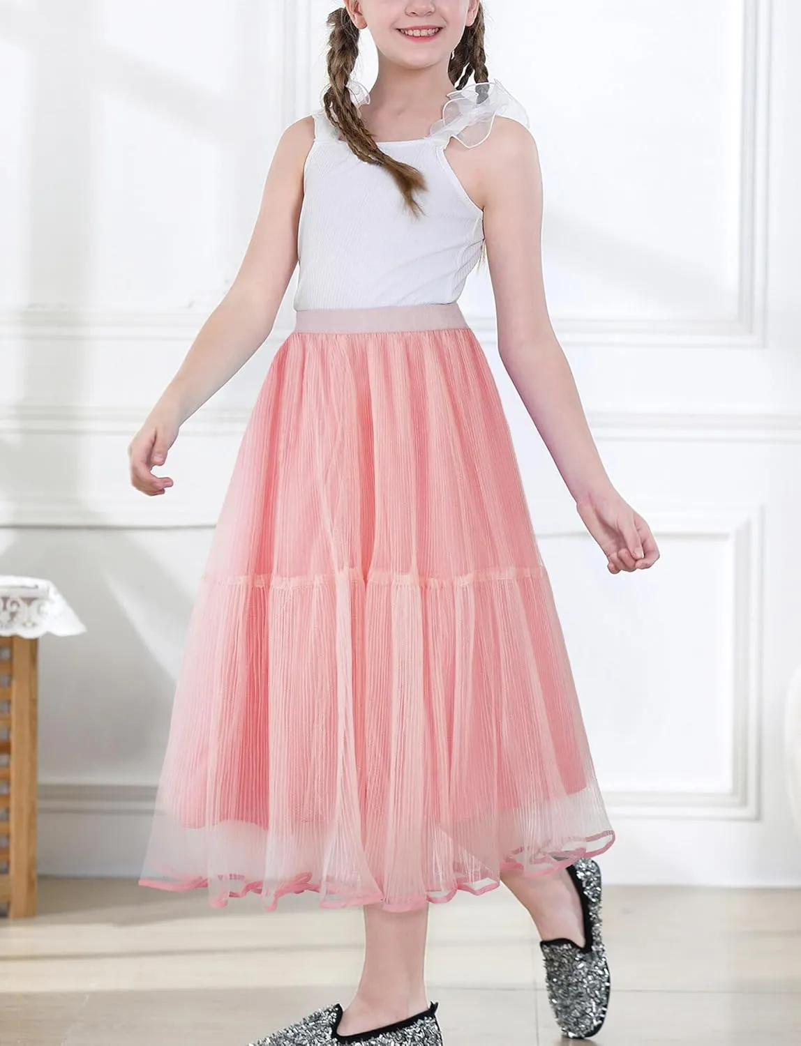 SEAUR Girls' Tulle A-line Mesh Long Tutu Skirts Casual Elastic High Waist Layered Skirt Party Princess Skirt