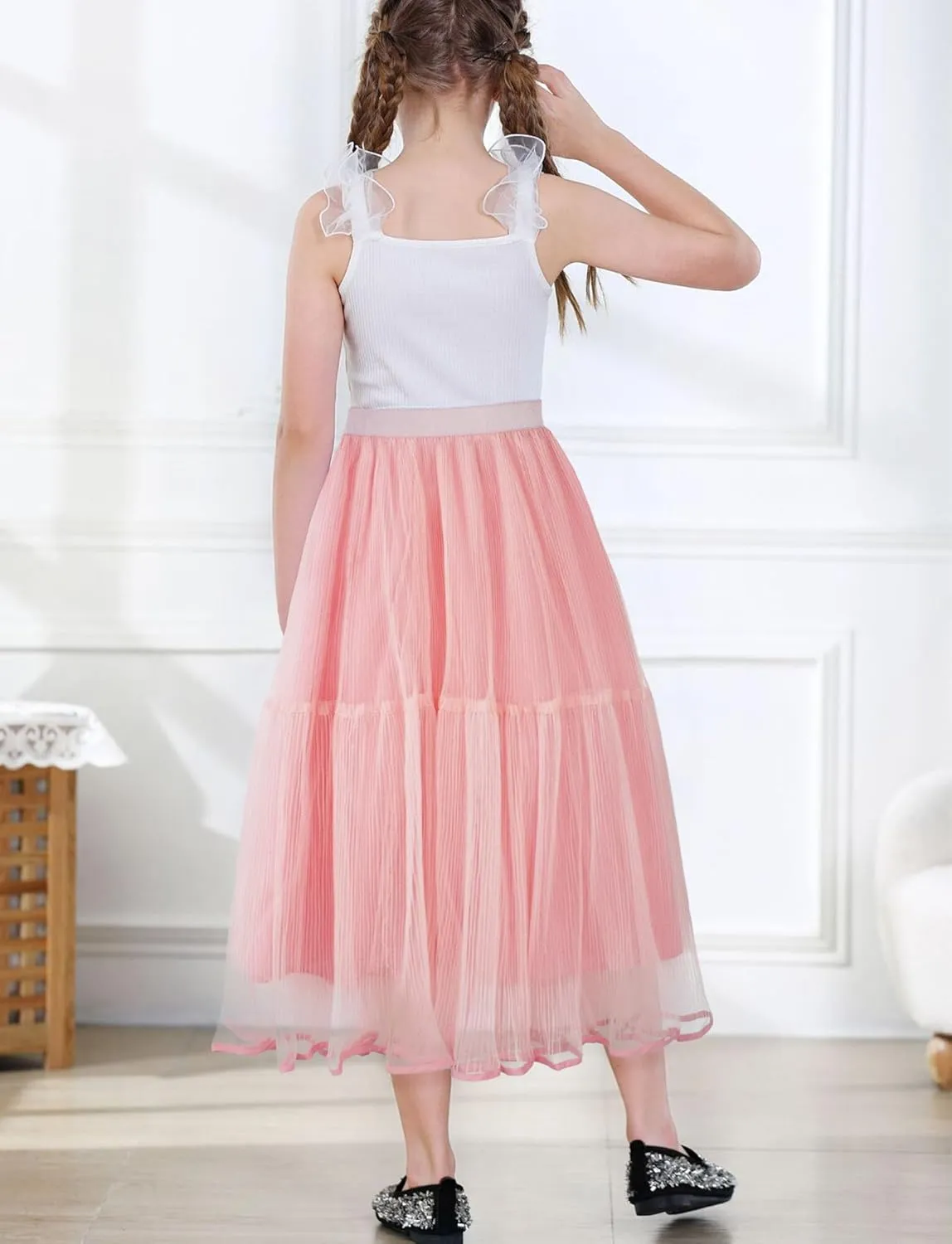 SEAUR Girls' Tulle A-line Mesh Long Tutu Skirts Casual Elastic High Waist Layered Skirt Party Princess Skirt