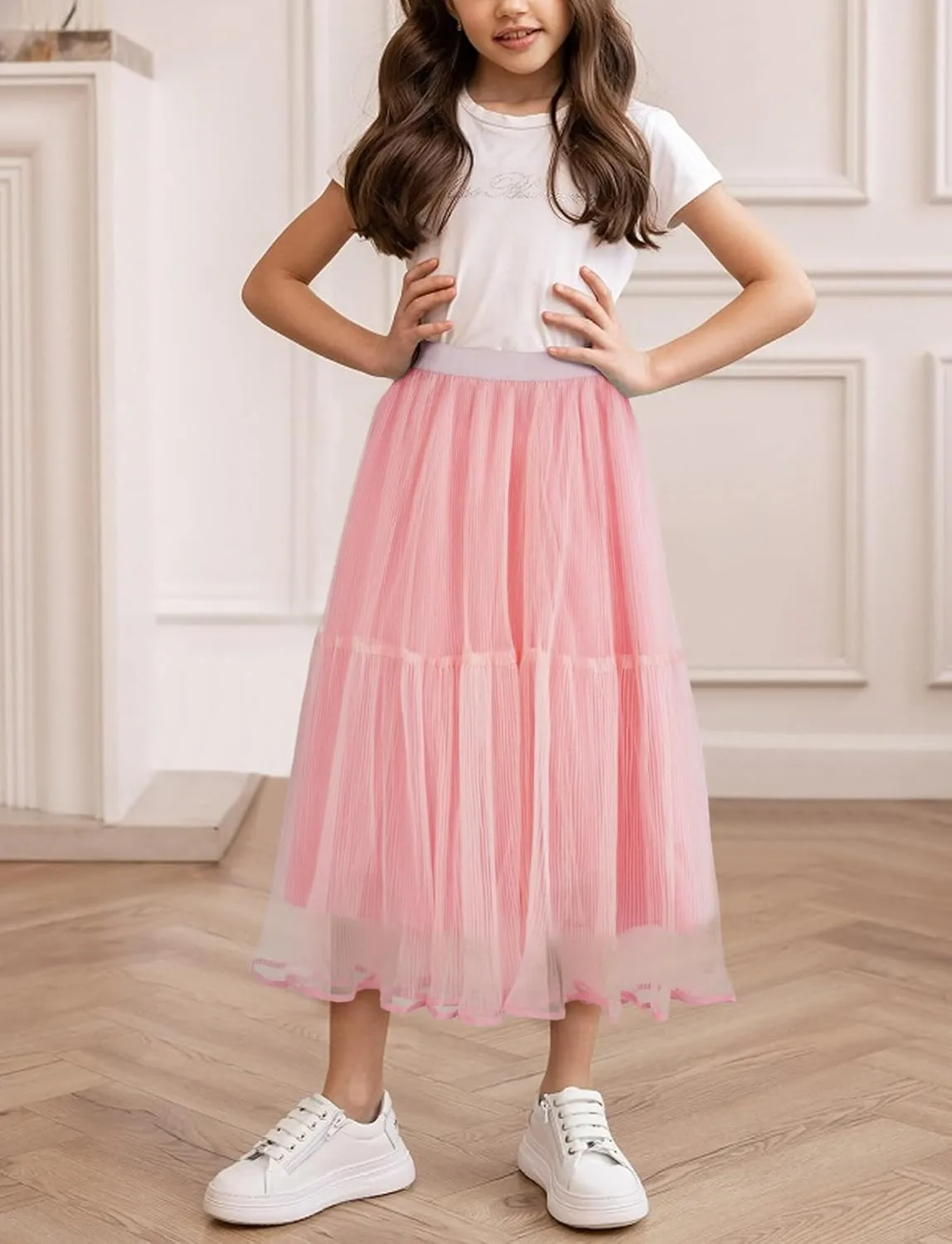 SEAUR Girls' Tulle A-line Mesh Long Tutu Skirts Casual Elastic High Waist Layered Skirt Party Princess Skirt