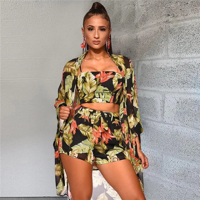 Sexy Print High Waist 3PCS Women Sexy Bikini Set Crop Top With Coat Print Swimsuit Casual Swimwear Bathing Beachwear
