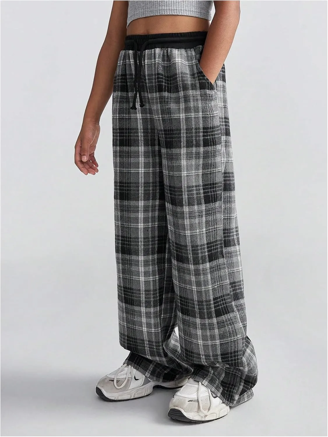 SHENHE Girl's Plaid Print Drawstring Wide Leg Pants High Waist Loose Long Pants with Pockets