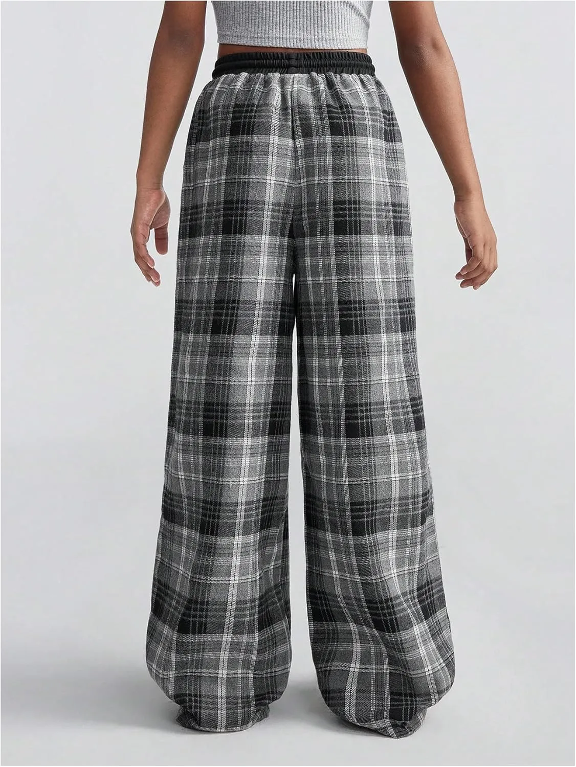 SHENHE Girl's Plaid Print Drawstring Wide Leg Pants High Waist Loose Long Pants with Pockets