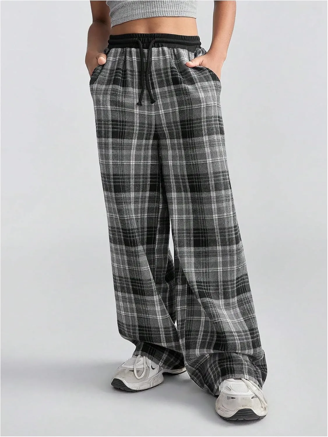 SHENHE Girl's Plaid Print Drawstring Wide Leg Pants High Waist Loose Long Pants with Pockets