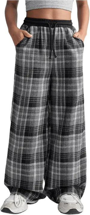 SHENHE Girl's Plaid Print Drawstring Wide Leg Pants High Waist Loose Long Pants with Pockets