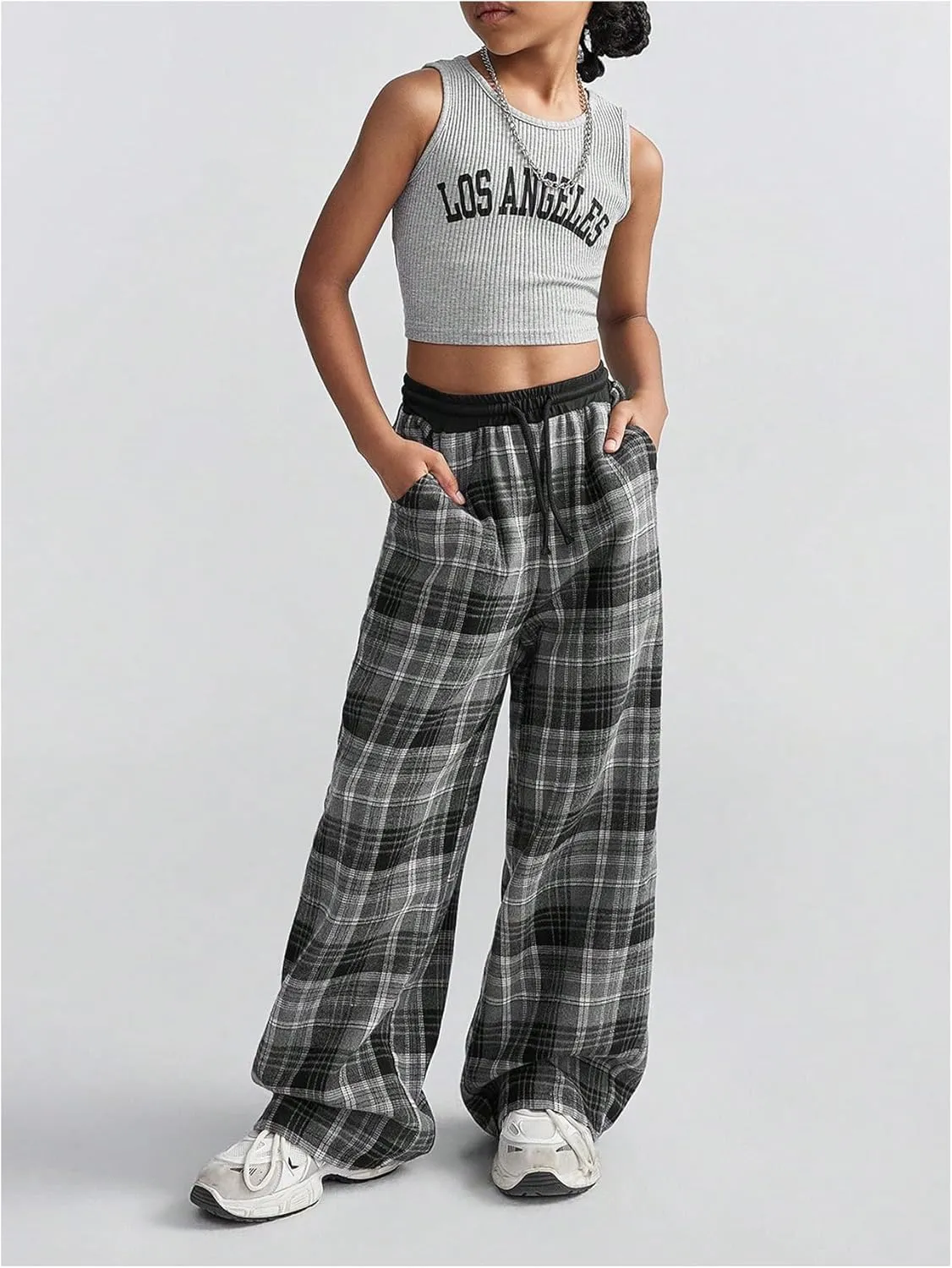 SHENHE Girl's Plaid Print Drawstring Wide Leg Pants High Waist Loose Long Pants with Pockets
