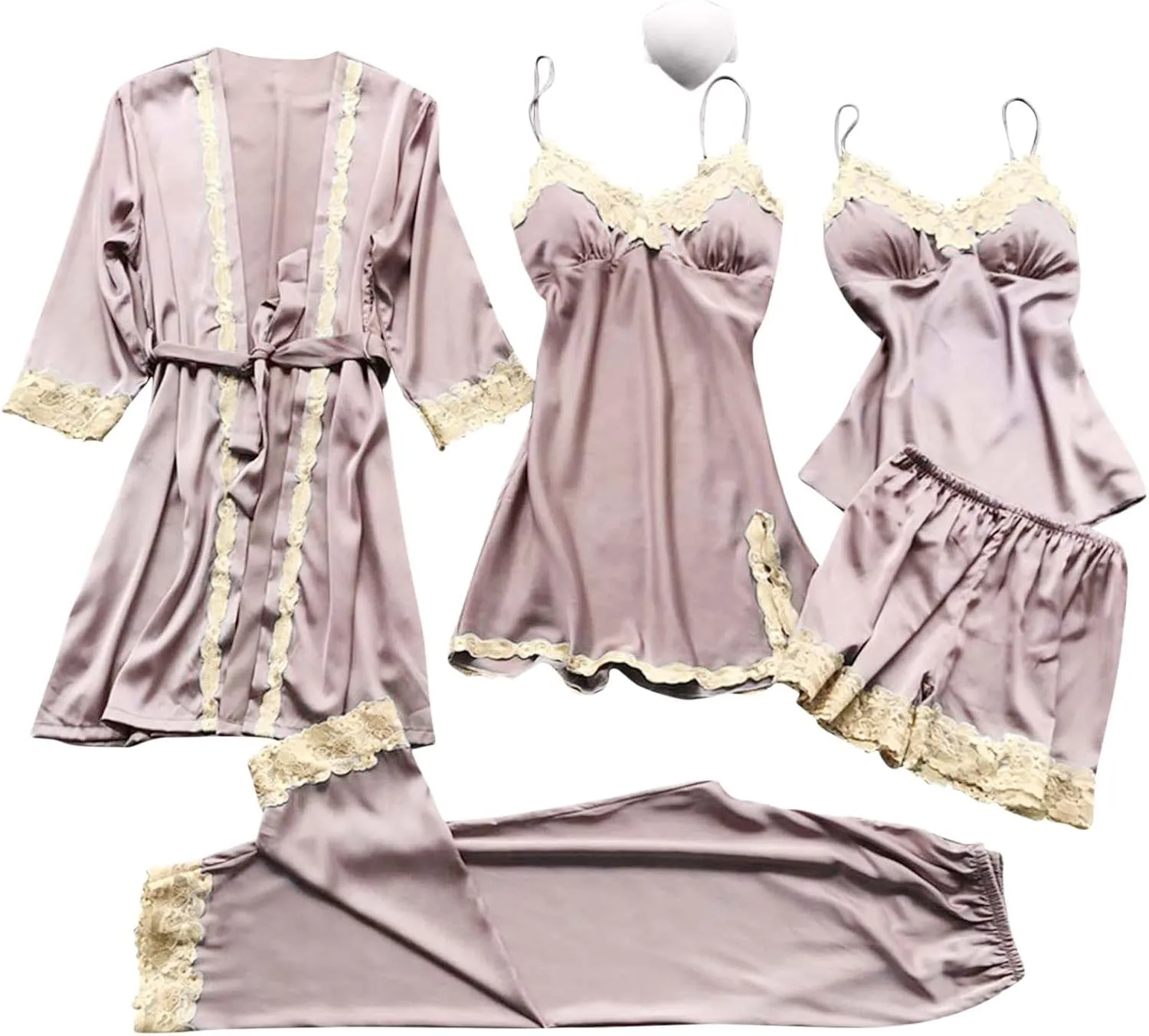 Silk Pajamas for Women 4PCS Robe Nightgown Pjs Set Camisole Top and Shorts Floral Lace Satin Sleepwear Sexy Cozy Soft
