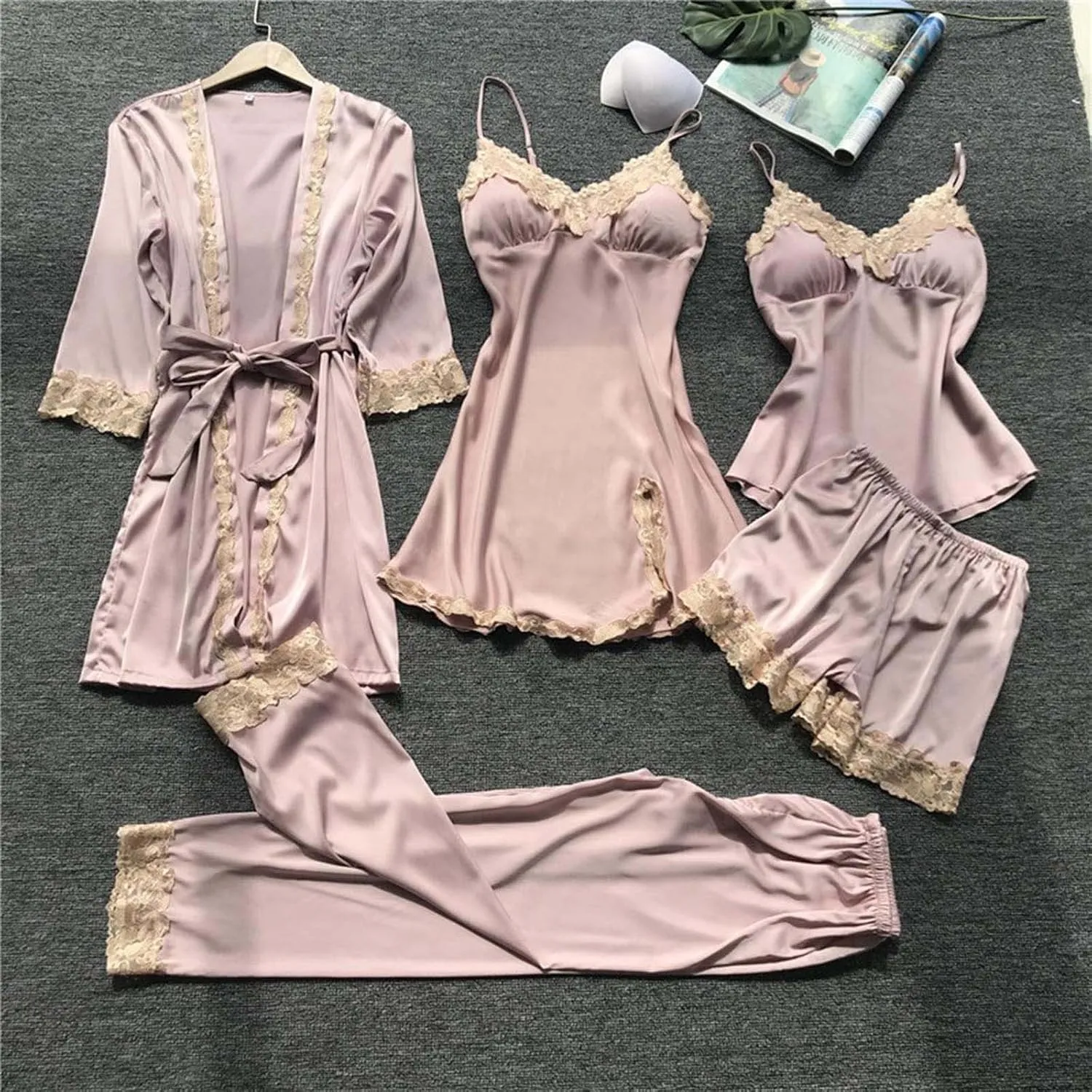 Silk Pajamas for Women 4PCS Robe Nightgown Pjs Set Camisole Top and Shorts Floral Lace Satin Sleepwear Sexy Cozy Soft
