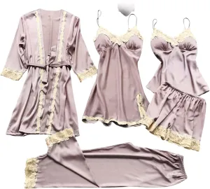 Silk Pajamas for Women 4PCS Robe Nightgown Pjs Set Camisole Top and Shorts Floral Lace Satin Sleepwear Sexy Cozy Soft