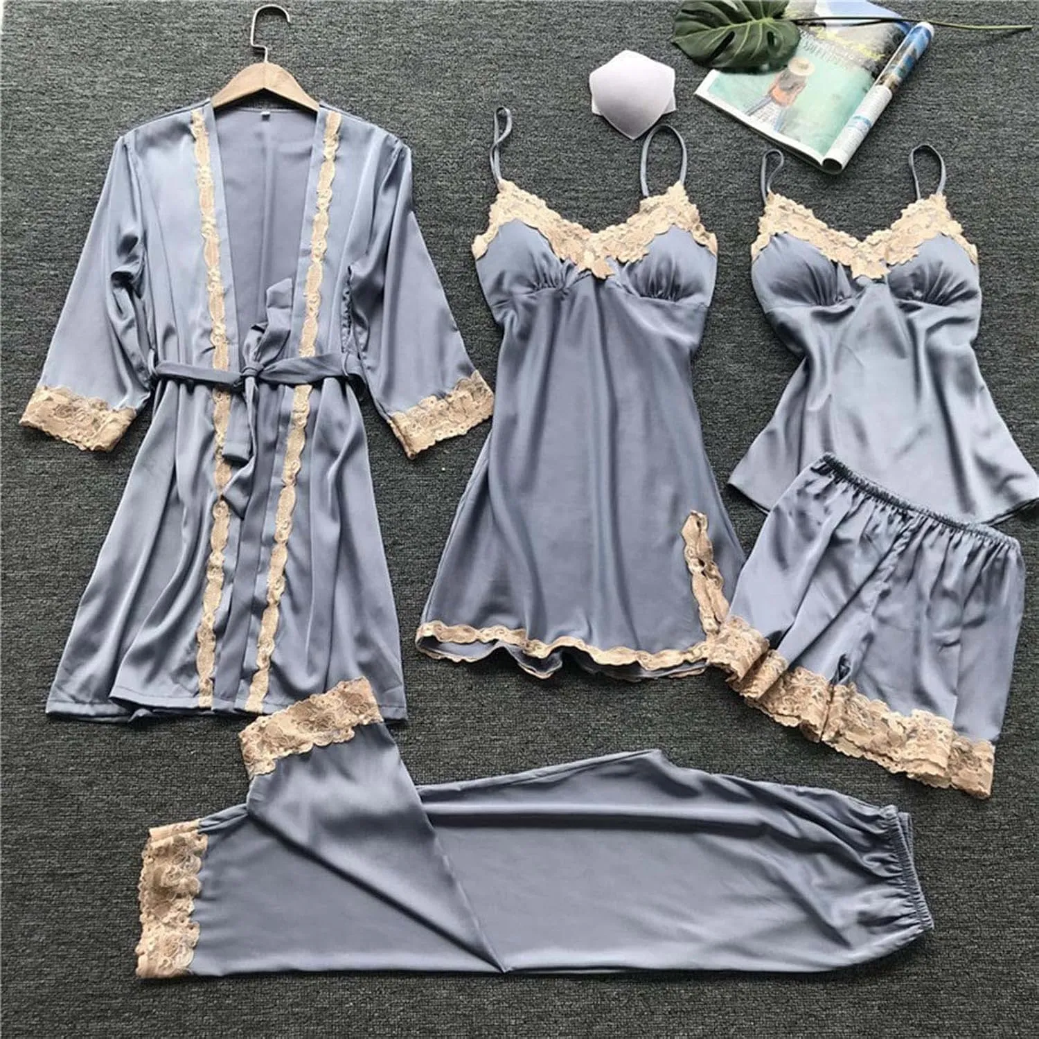 Silk Pajamas for Women 4PCS Robe Nightgown Pjs Set Camisole Top and Shorts Floral Lace Satin Sleepwear Sexy Cozy Soft