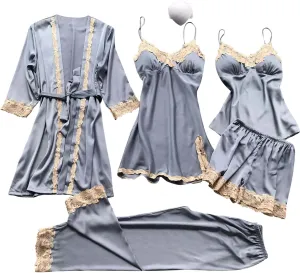 Silk Pajamas for Women 4PCS Robe Nightgown Pjs Set Camisole Top and Shorts Floral Lace Satin Sleepwear Sexy Cozy Soft