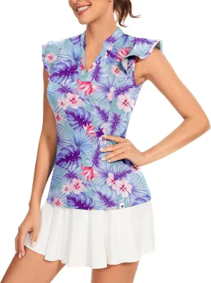 Soneven Womens Petal Sleeve Golf Shirts Moisture Wicking V Neck Athletic Workout Tennis Tops Quick Dry Golf Clothes