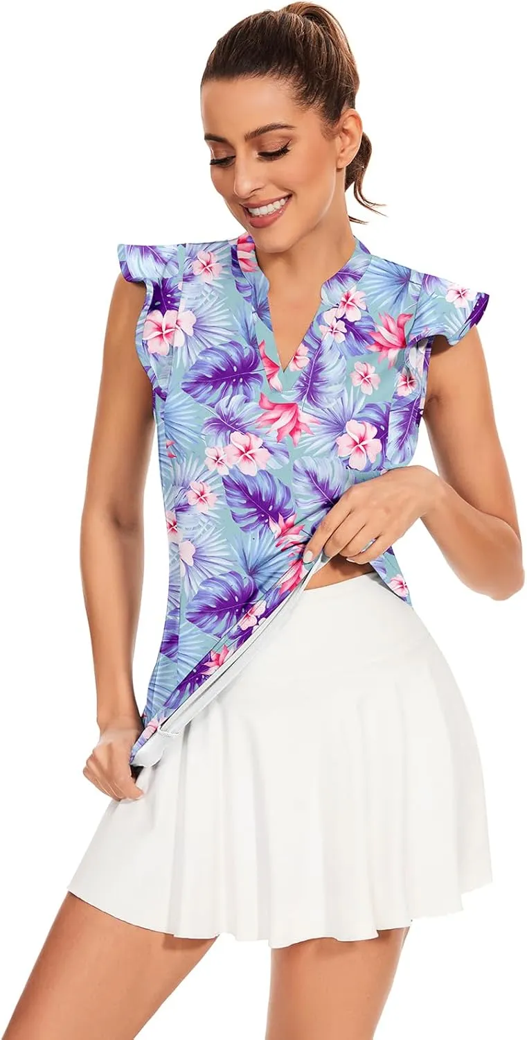 Soneven Womens Petal Sleeve Golf Shirts Moisture Wicking V Neck Athletic Workout Tennis Tops Quick Dry Golf Clothes