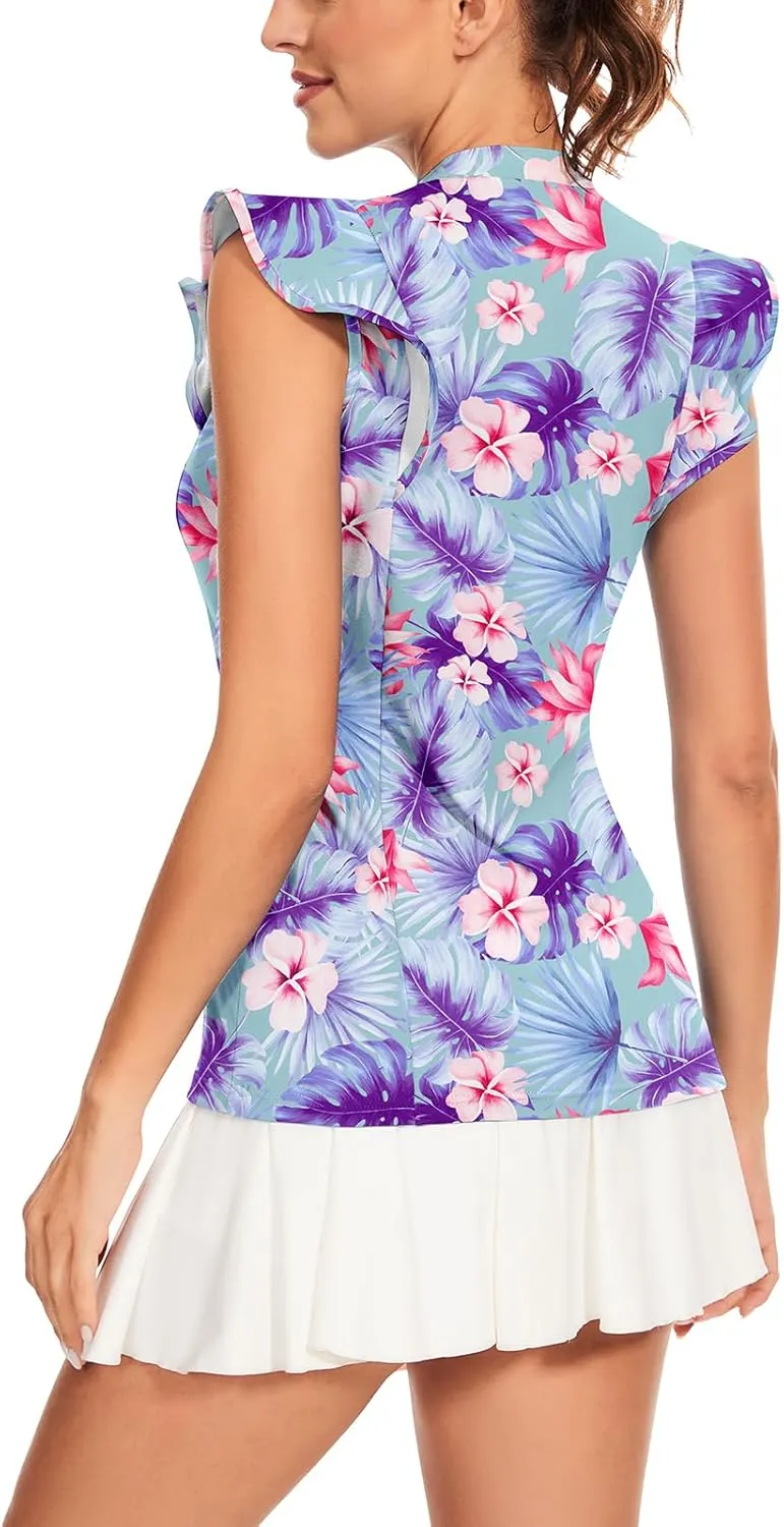 Soneven Womens Petal Sleeve Golf Shirts Moisture Wicking V Neck Athletic Workout Tennis Tops Quick Dry Golf Clothes