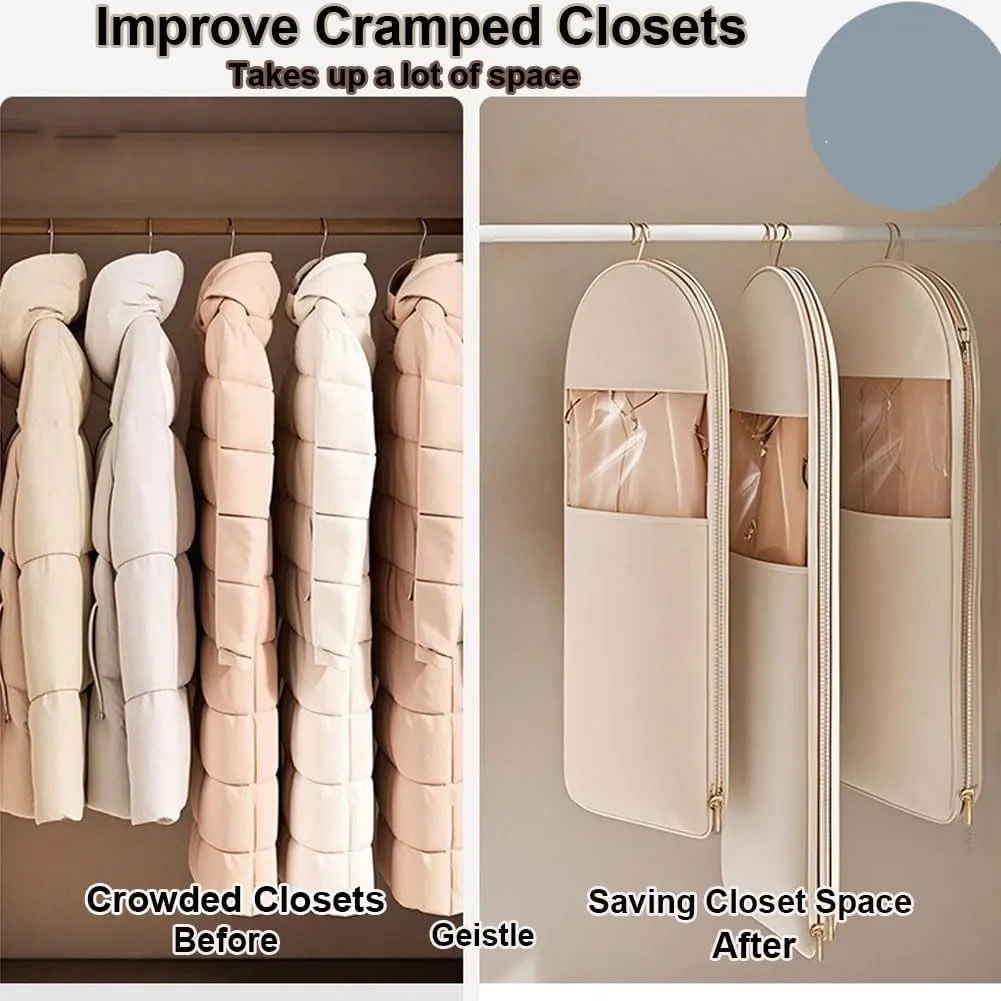 Space Saving Hanging Garment Bag with Self Compression Zipper, Garment Bags for Hanging Clothes Travel for Protecting Clothes, Closet Organizers and Storage for Down Coat(Beige,1_SMALL)