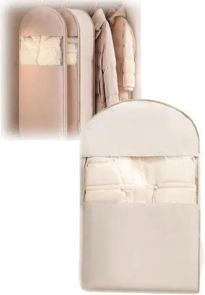 Space Saving Hanging Garment Bag with Self Compression Zipper, Garment Bags for Hanging Clothes Travel for Protecting Clothes, Closet Organizers and Storage for Down Coat(Beige,1_SMALL)