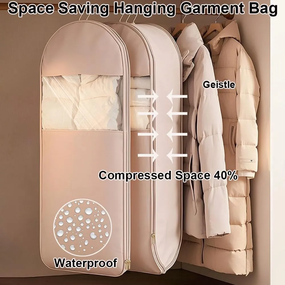 Space Saving Hanging Garment Bag with Self Compression Zipper, Garment Bags for Hanging Clothes Travel for Protecting Clothes, Closet Organizers and Storage for Down Coat(Beige,1_SMALL)