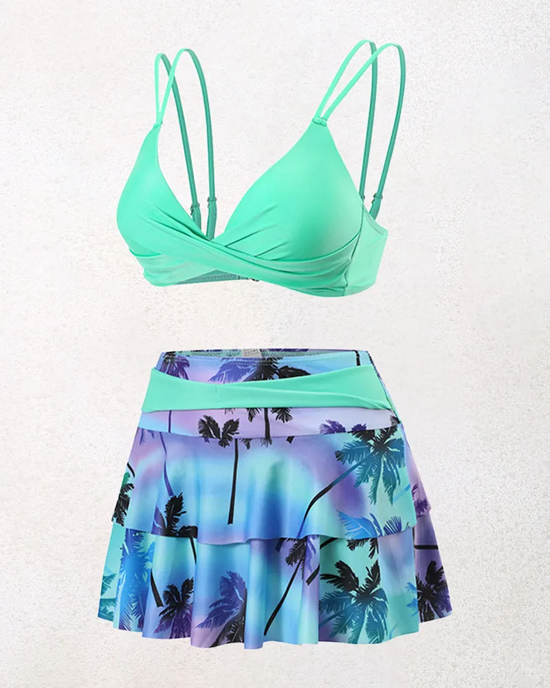 Split High-waisted Lotus Leaf Edge Printing Bikini Swimsuit
