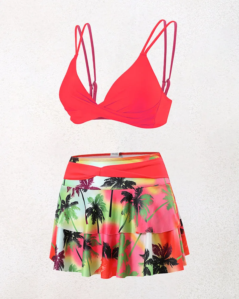 Split High-waisted Lotus Leaf Edge Printing Bikini Swimsuit