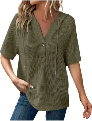 Spring Resort Wear Outfits Vacation Waffle Knit Tops Trendy 2025 Fashion Trends Cute Short Sleeve Hoodie Oversized