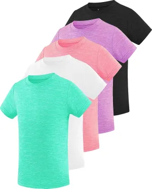 Star Vibe 5 Pack Girl's Shirts Athletic Short Sleeve Dry-Fit T-Shirts Crew Neck Active Sports Tops for Kids Teen 5-14 Years